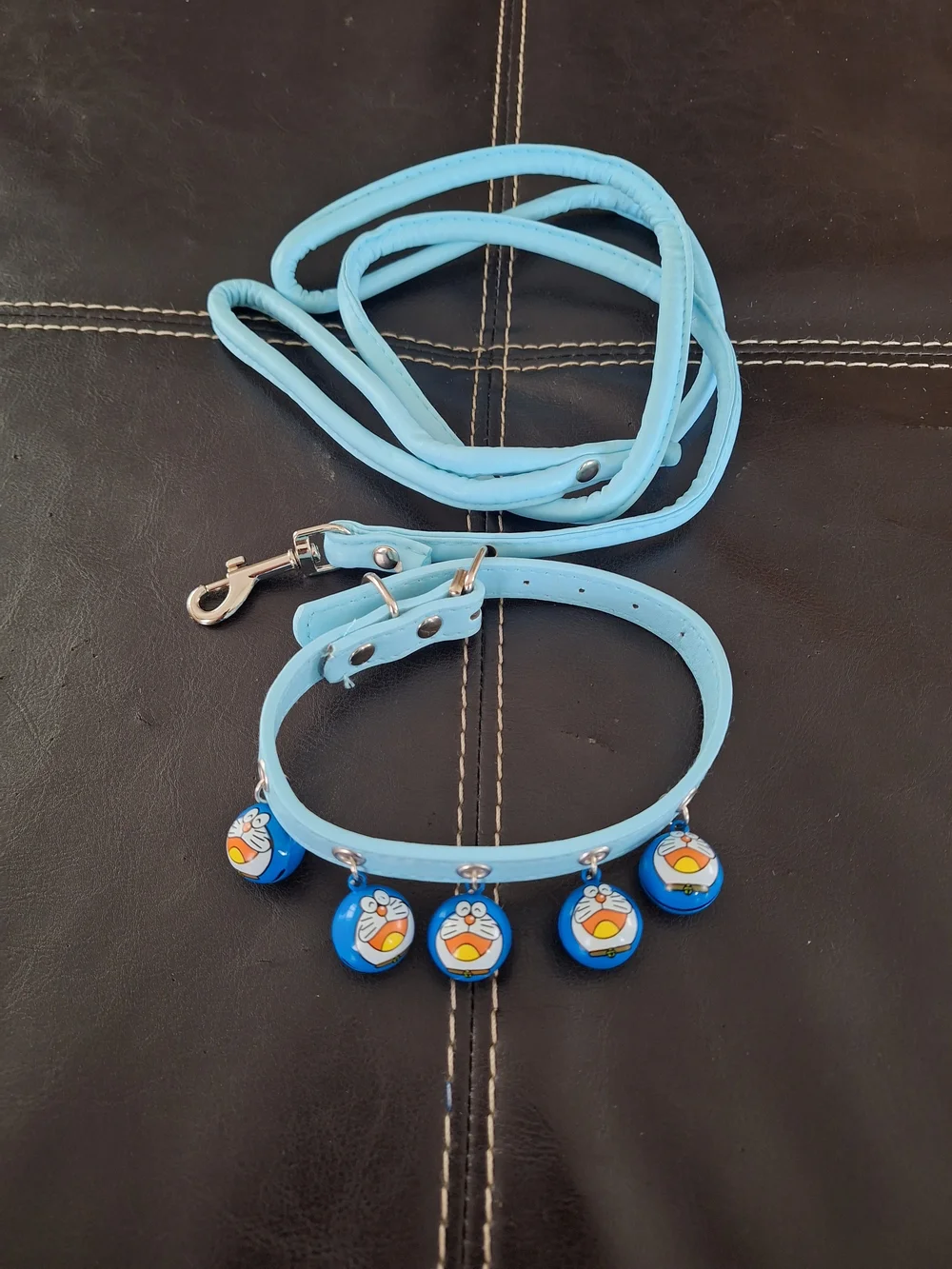 Light Blue Pet Collar and Leash Set with Cartoon Charms
